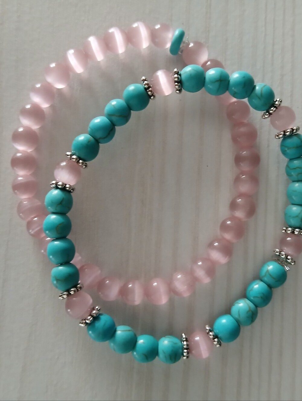 Turquoise & Rose Pink Cats Eye Stone Beaded Stretch Bracelet Set - Unbranded